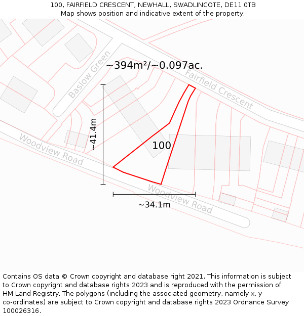 100, FAIRFIELD CRESCENT, NEWHALL, SWADLINCOTE, DE11 0TB: Plot and title map