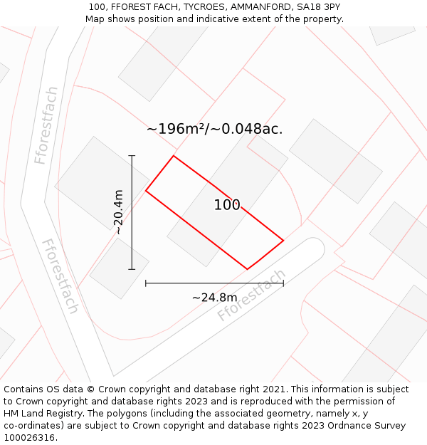 100, FFOREST FACH, TYCROES, AMMANFORD, SA18 3PY: Plot and title map