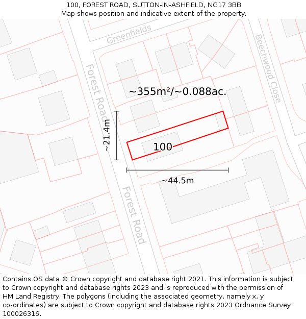 100, FOREST ROAD, SUTTON-IN-ASHFIELD, NG17 3BB: Plot and title map