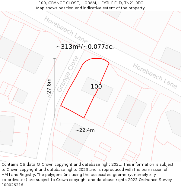 100, GRANGE CLOSE, HORAM, HEATHFIELD, TN21 0EG: Plot and title map