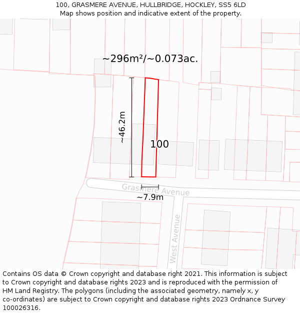100, GRASMERE AVENUE, HULLBRIDGE, HOCKLEY, SS5 6LD: Plot and title map