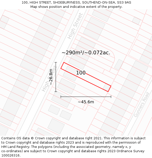 100, HIGH STREET, SHOEBURYNESS, SOUTHEND-ON-SEA, SS3 9AS: Plot and title map