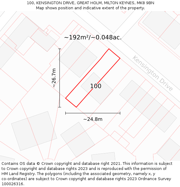 100, KENSINGTON DRIVE, GREAT HOLM, MILTON KEYNES, MK8 9BN: Plot and title map