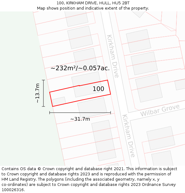 100, KIRKHAM DRIVE, HULL, HU5 2BT: Plot and title map