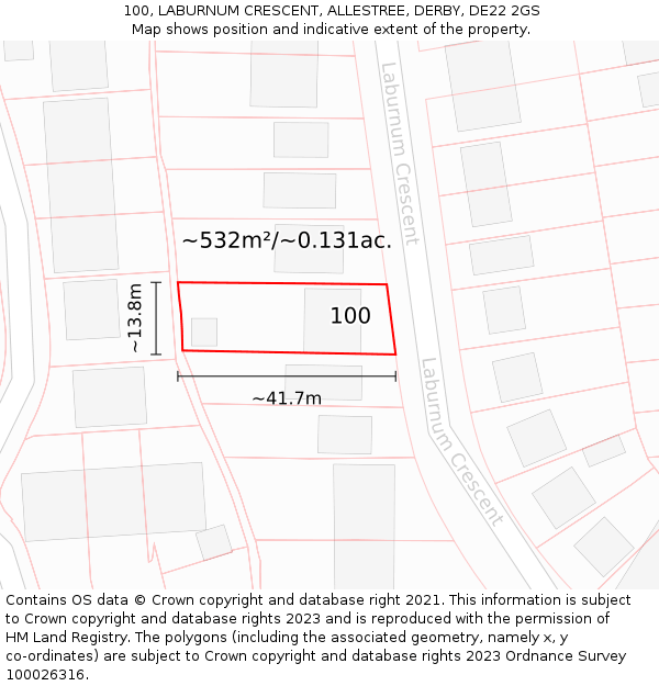 100, LABURNUM CRESCENT, ALLESTREE, DERBY, DE22 2GS: Plot and title map