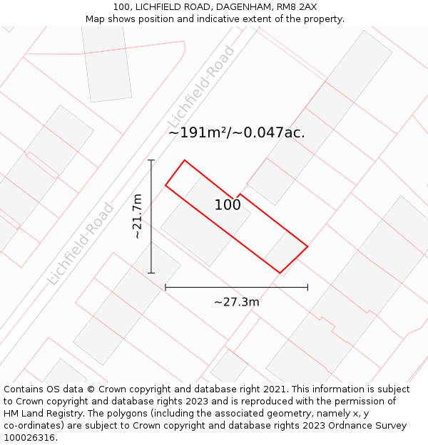 100, LICHFIELD ROAD, DAGENHAM, RM8 2AX: Plot and title map