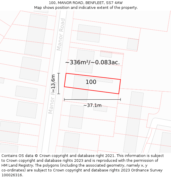 100, MANOR ROAD, BENFLEET, SS7 4AW: Plot and title map