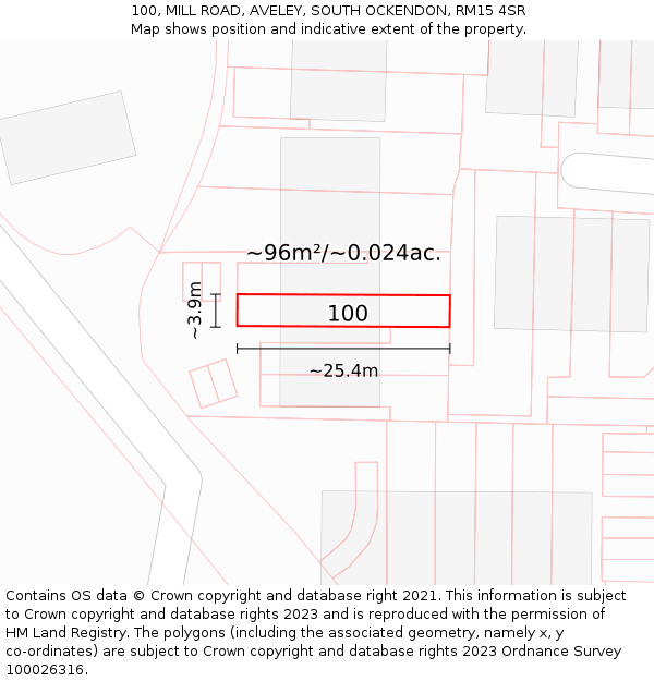 100, MILL ROAD, AVELEY, SOUTH OCKENDON, RM15 4SR: Plot and title map