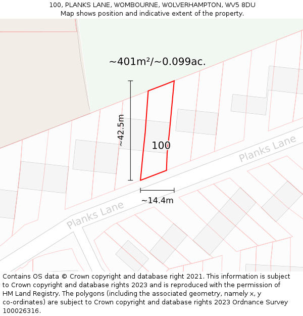 100, PLANKS LANE, WOMBOURNE, WOLVERHAMPTON, WV5 8DU: Plot and title map