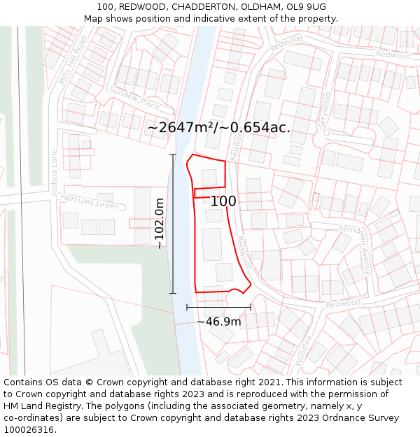 100, REDWOOD, CHADDERTON, OLDHAM, OL9 9UG: Plot and title map