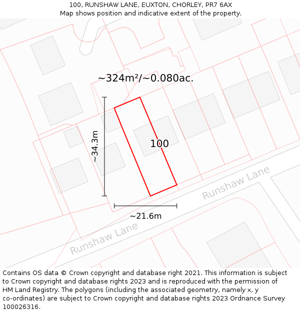 100, RUNSHAW LANE, EUXTON, CHORLEY, PR7 6AX: Plot and title map