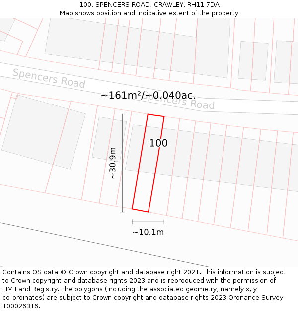 100, SPENCERS ROAD, CRAWLEY, RH11 7DA: Plot and title map