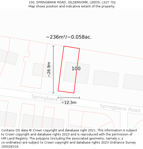 100, SPRINGBANK ROAD, GILDERSOME, LEEDS, LS27 7DJ: Plot and title map