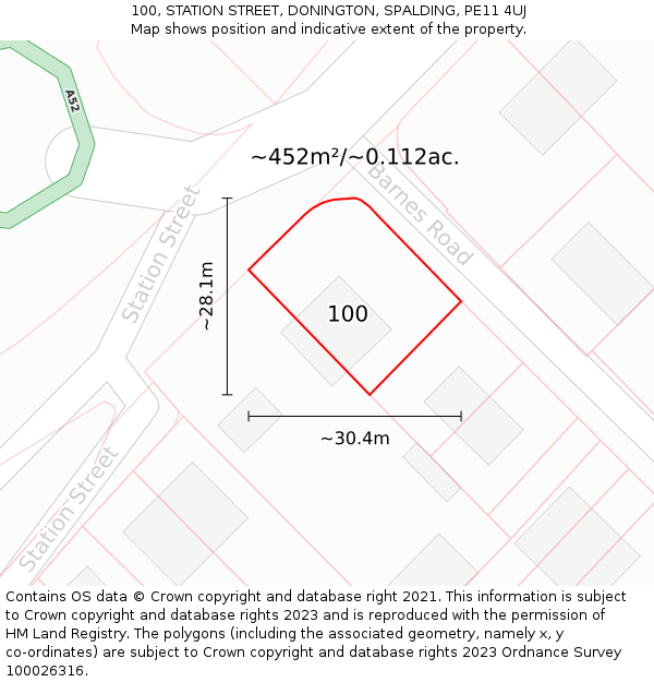 100, STATION STREET, DONINGTON, SPALDING, PE11 4UJ: Plot and title map