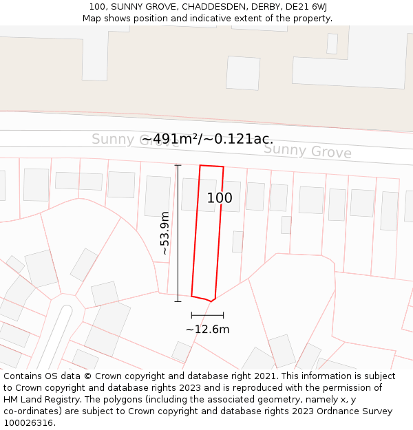 100, SUNNY GROVE, CHADDESDEN, DERBY, DE21 6WJ: Plot and title map