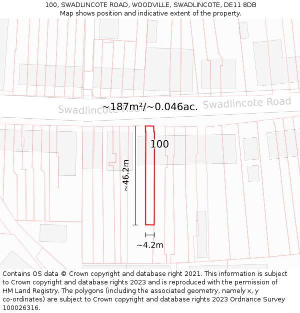 100, SWADLINCOTE ROAD, WOODVILLE, SWADLINCOTE, DE11 8DB: Plot and title map