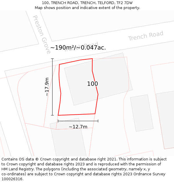 100, TRENCH ROAD, TRENCH, TELFORD, TF2 7DW: Plot and title map