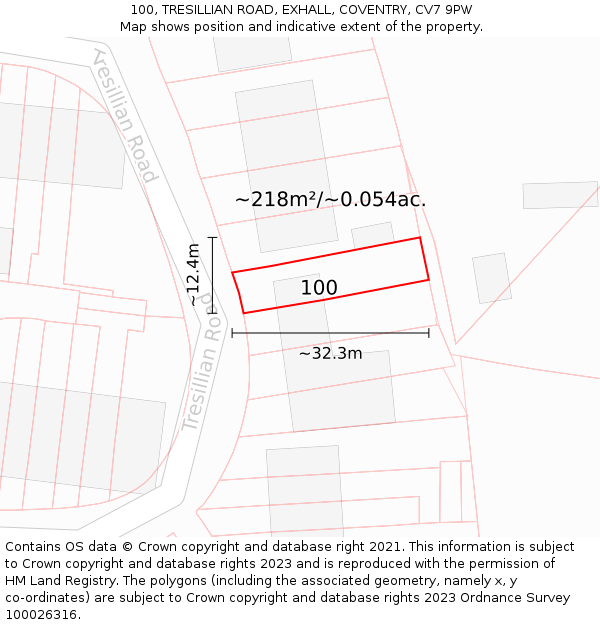 100, TRESILLIAN ROAD, EXHALL, COVENTRY, CV7 9PW: Plot and title map