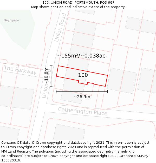 100, UNION ROAD, PORTSMOUTH, PO3 6GF: Plot and title map