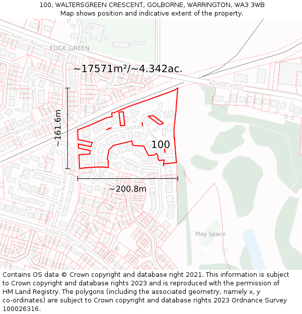 100, WALTERSGREEN CRESCENT, GOLBORNE, WARRINGTON, WA3 3WB: Plot and title map