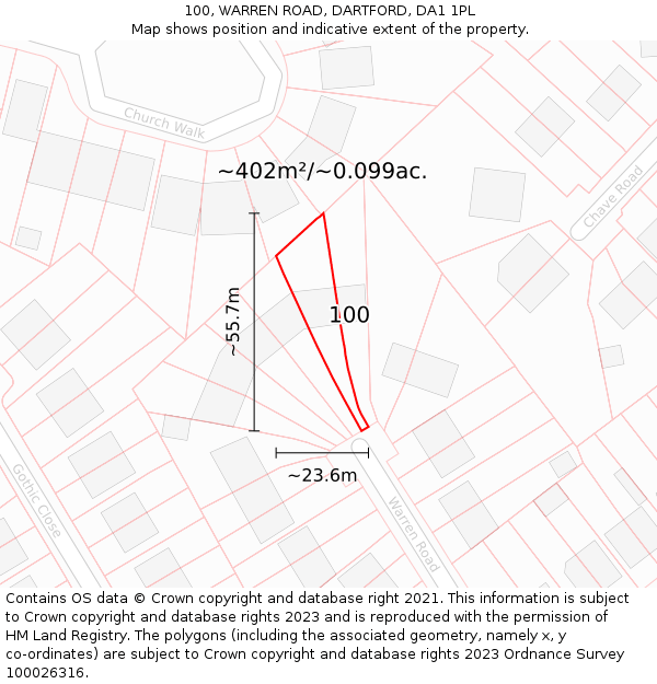 100, WARREN ROAD, DARTFORD, DA1 1PL: Plot and title map