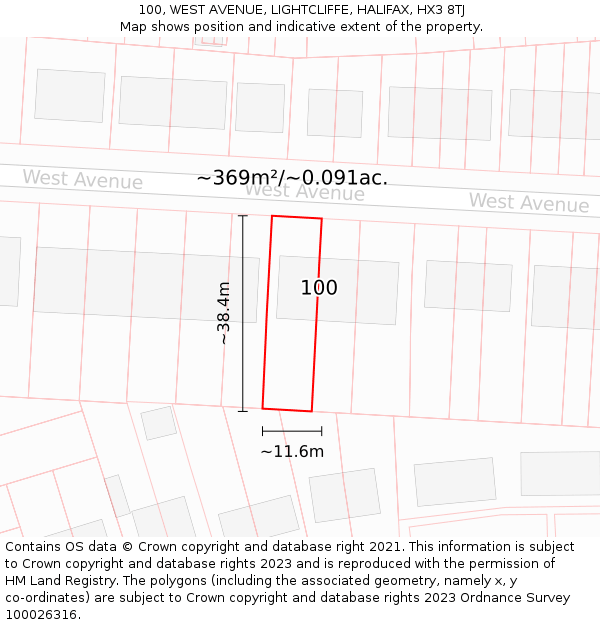 100, WEST AVENUE, LIGHTCLIFFE, HALIFAX, HX3 8TJ: Plot and title map