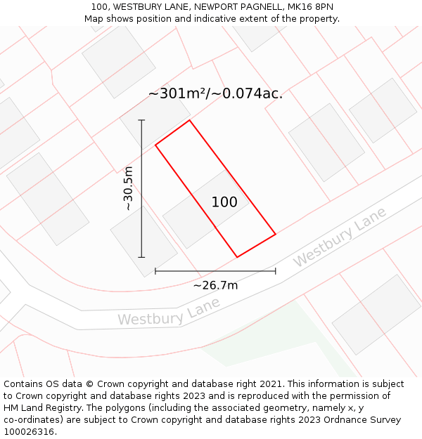 100, WESTBURY LANE, NEWPORT PAGNELL, MK16 8PN: Plot and title map