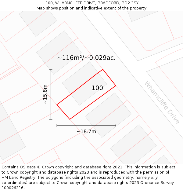 100, WHARNCLIFFE DRIVE, BRADFORD, BD2 3SY: Plot and title map
