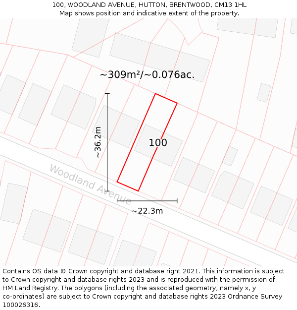 100, WOODLAND AVENUE, HUTTON, BRENTWOOD, CM13 1HL: Plot and title map