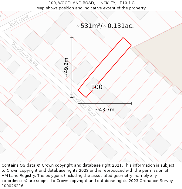 100, WOODLAND ROAD, HINCKLEY, LE10 1JG: Plot and title map