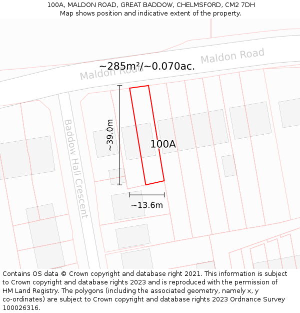 100A, MALDON ROAD, GREAT BADDOW, CHELMSFORD, CM2 7DH: Plot and title map