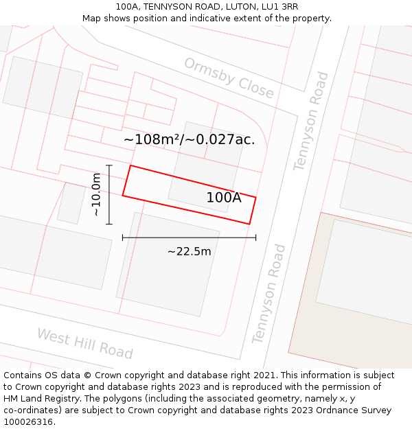 100A, TENNYSON ROAD, LUTON, LU1 3RR: Plot and title map