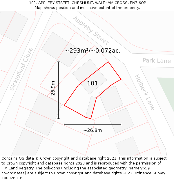 101, APPLEBY STREET, CHESHUNT, WALTHAM CROSS, EN7 6QP: Plot and title map