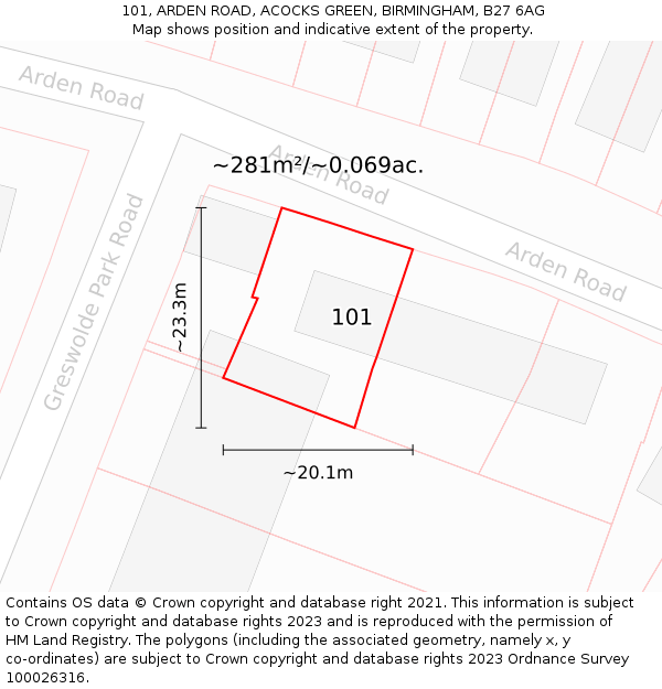 101, ARDEN ROAD, ACOCKS GREEN, BIRMINGHAM, B27 6AG: Plot and title map