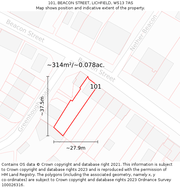 101, BEACON STREET, LICHFIELD, WS13 7AS: Plot and title map