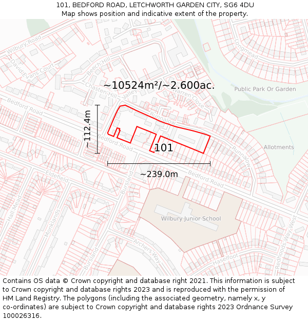 101, BEDFORD ROAD, LETCHWORTH GARDEN CITY, SG6 4DU: Plot and title map