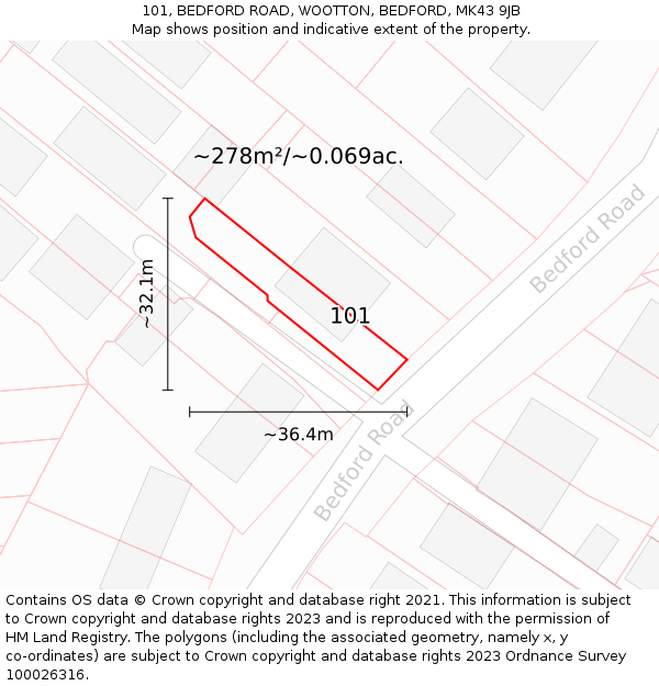 101, BEDFORD ROAD, WOOTTON, BEDFORD, MK43 9JB: Plot and title map