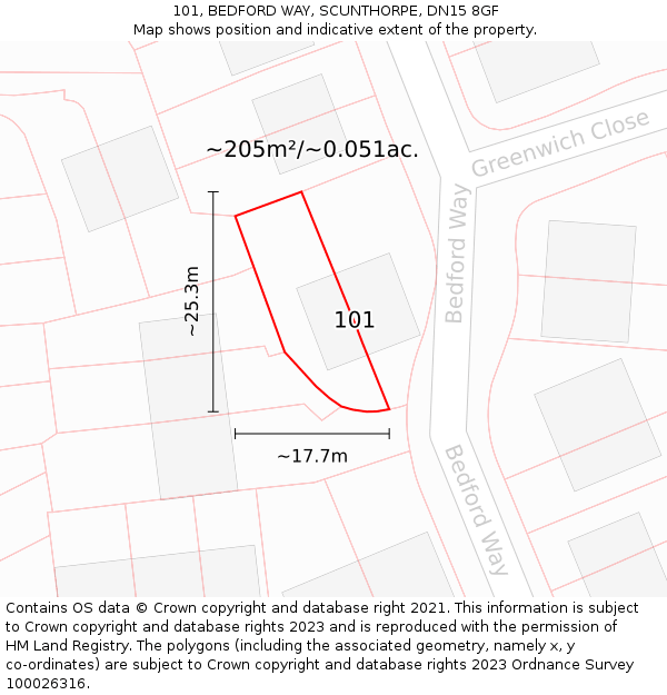 101, BEDFORD WAY, SCUNTHORPE, DN15 8GF: Plot and title map