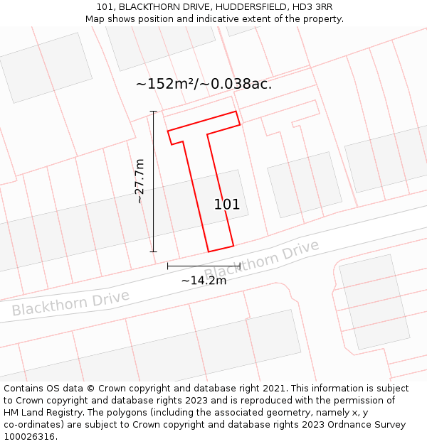 101, BLACKTHORN DRIVE, HUDDERSFIELD, HD3 3RR: Plot and title map