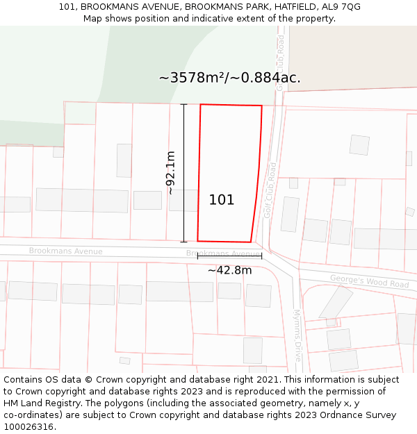 101, BROOKMANS AVENUE, BROOKMANS PARK, HATFIELD, AL9 7QG: Plot and title map