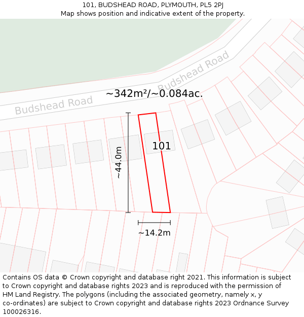 101, BUDSHEAD ROAD, PLYMOUTH, PL5 2PJ: Plot and title map