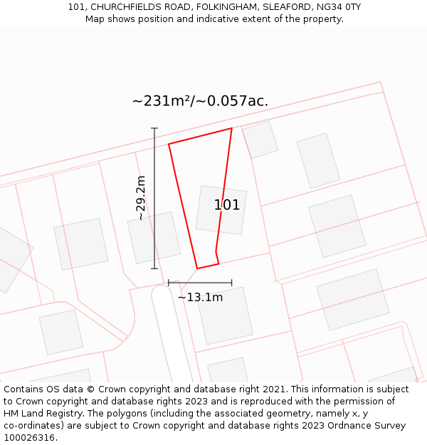 101, CHURCHFIELDS ROAD, FOLKINGHAM, SLEAFORD, NG34 0TY: Plot and title map