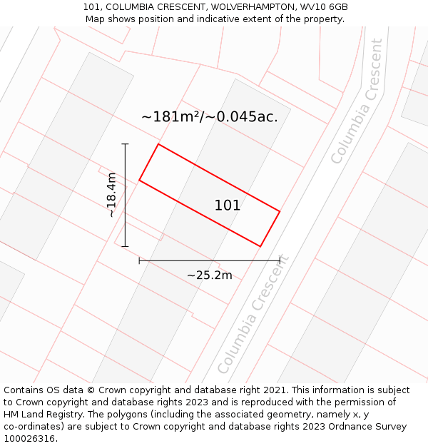 101, COLUMBIA CRESCENT, WOLVERHAMPTON, WV10 6GB: Plot and title map