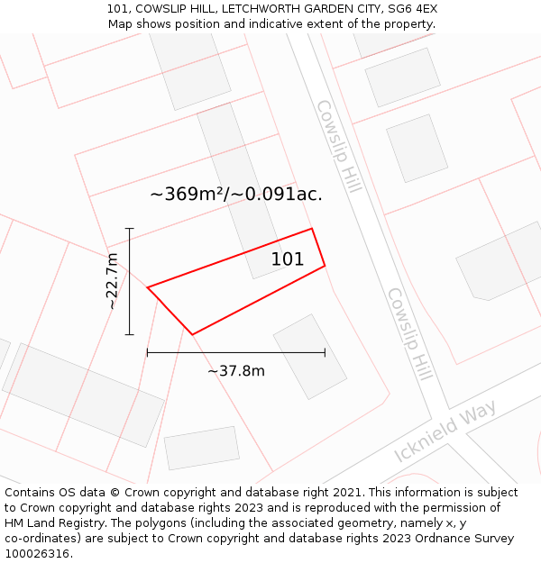 101, COWSLIP HILL, LETCHWORTH GARDEN CITY, SG6 4EX: Plot and title map