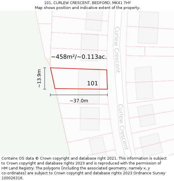 101, CURLEW CRESCENT, BEDFORD, MK41 7HY: Plot and title map