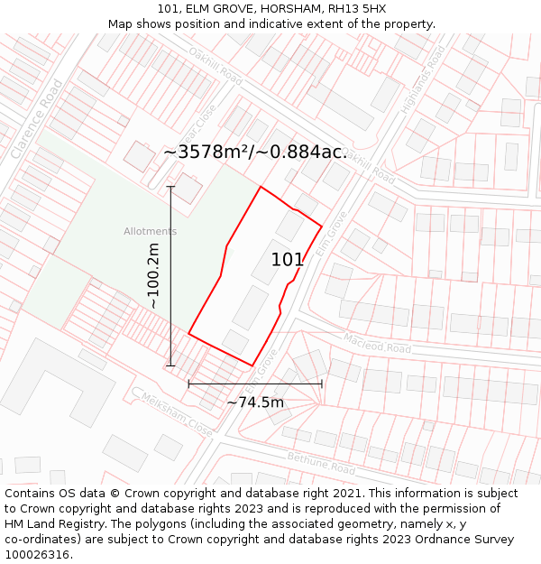 101, ELM GROVE, HORSHAM, RH13 5HX: Plot and title map
