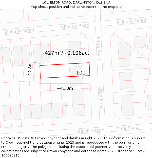 101, ELTON ROAD, DARLINGTON, DL3 8NA: Plot and title map