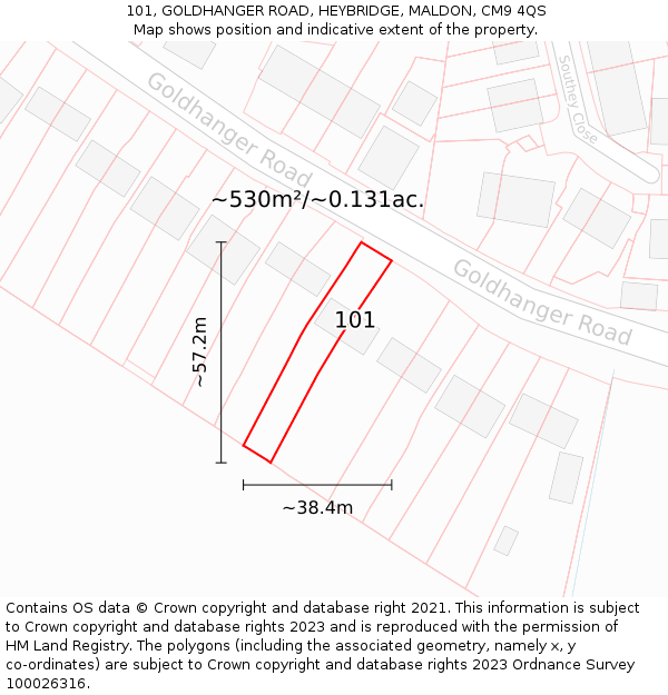 101, GOLDHANGER ROAD, HEYBRIDGE, MALDON, CM9 4QS: Plot and title map