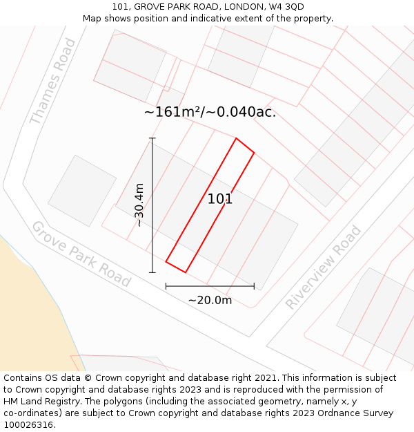 101, GROVE PARK ROAD, LONDON, W4 3QD: Plot and title map