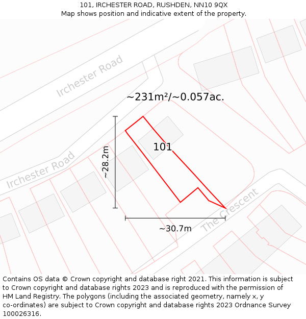 101, IRCHESTER ROAD, RUSHDEN, NN10 9QX: Plot and title map